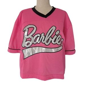Barbie Juniors Pink and Silver Cropped Football Jersey Top